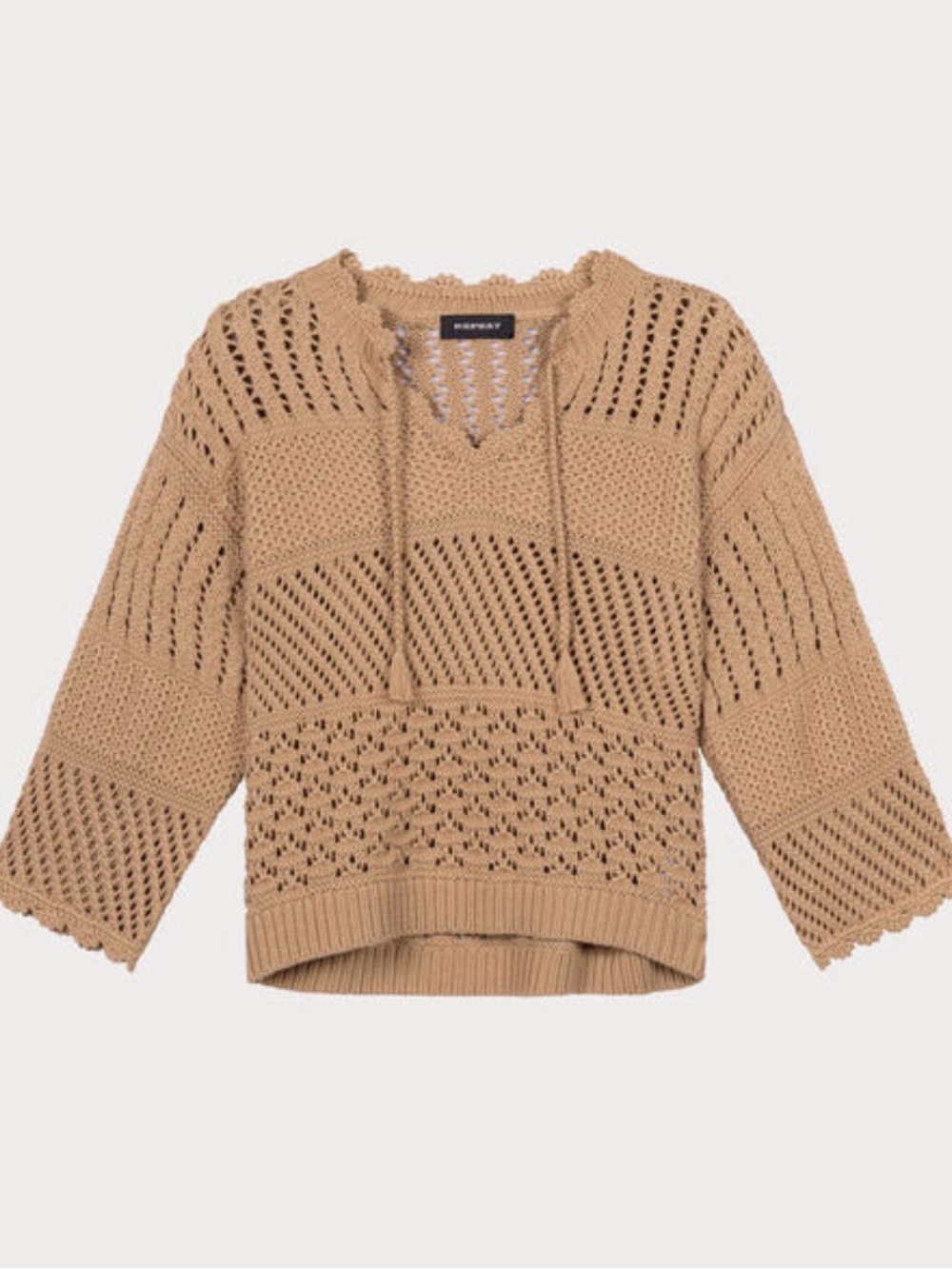 Open-Knit Hooded Crochet Sweater in Tan
